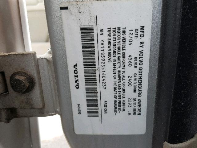 YV1TS592551404237 - 2005 VOLVO S80 2.5T SILVER photo 10