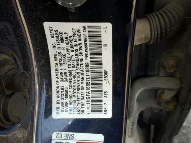 1HGFA16857L110899 - 2007 HONDA CIVIC EX BLUE photo 10