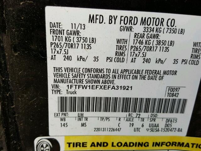 1FTFW1EFXEFA31921 - 2014 FORD F150 SUPER BLACK photo 10