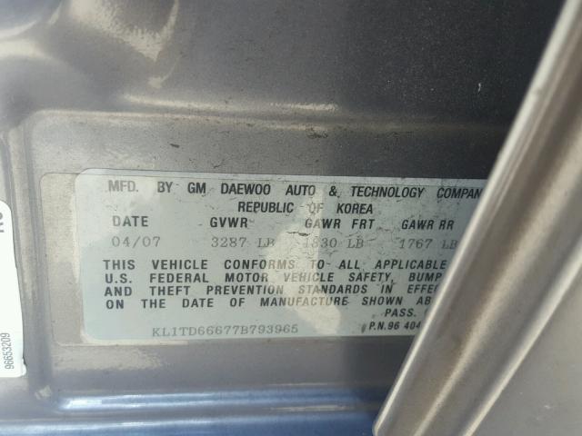 KL1TD66677B793965 - 2007 CHEVROLET AVEO BASE Srebrny zdjęcie 10