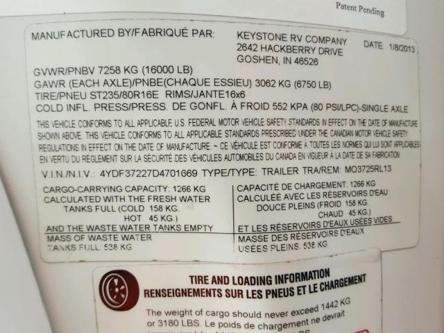 4YDF37227D4701669 - 2014 KEYSTONE M3725 MONT WHITE photo 10