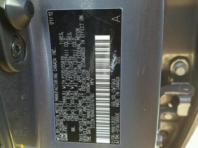 2T2ZK1BA8CC076780 - 2012 LEXUS RX GRAY photo 10