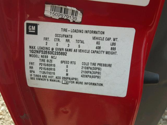 1G2NF52E63C235892 - 2003 PONTIAC GRAND AM S Qırmızı foto 10