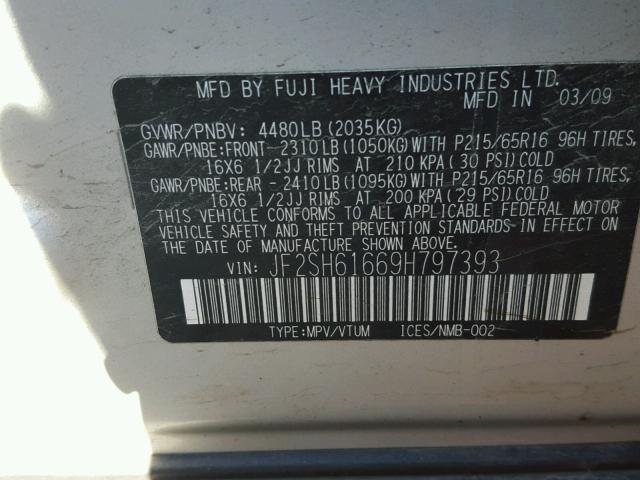 JF2SH61669H797393 - 2009 SUBARU FORESTER 2 SILVER photo 10