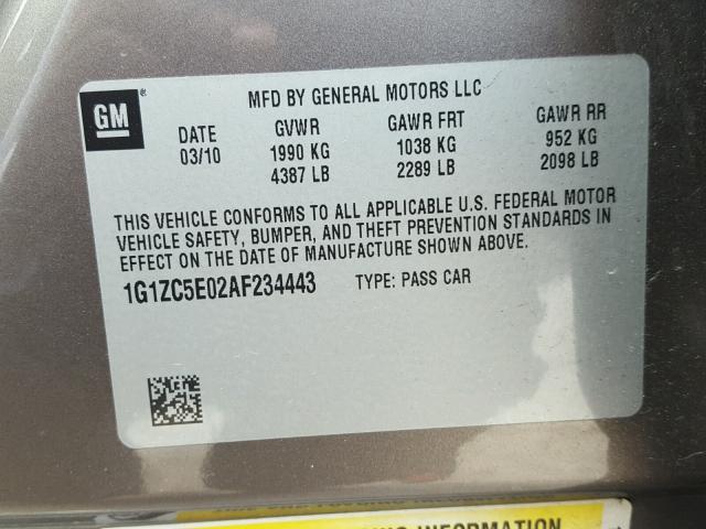 1G1ZC5E02AF234443 - 2010 CHEVROLET MALIBU 1LT TAN photo 10