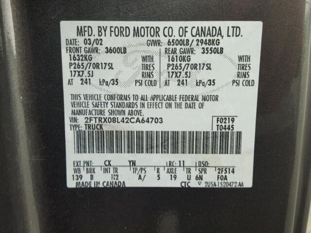 2FTRX08L42CA64703 - 2002 FORD F150 GRAY photo 10