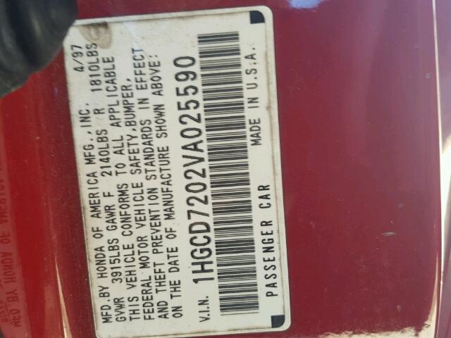 1HGCD7202VA025590 - 1997 HONDA ACCORD RED photo 10