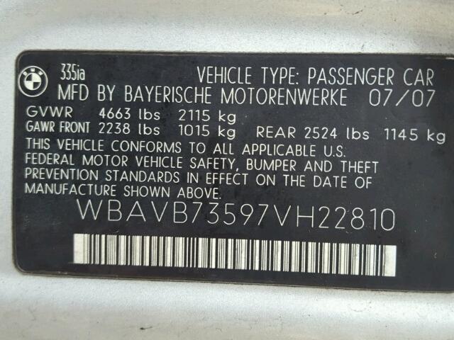 WBAVB73597VH22810 - 2007 BMW 335 SILVER photo 10