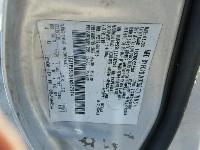 1FAFP55U53A247274 - 2003 FORD TAURUS SILVER photo 10