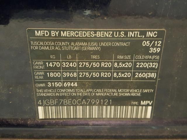 4JGBF7BE0CA799121 - 2012 MERCEDES-BENZ GL 450 4MA BLUE photo 10