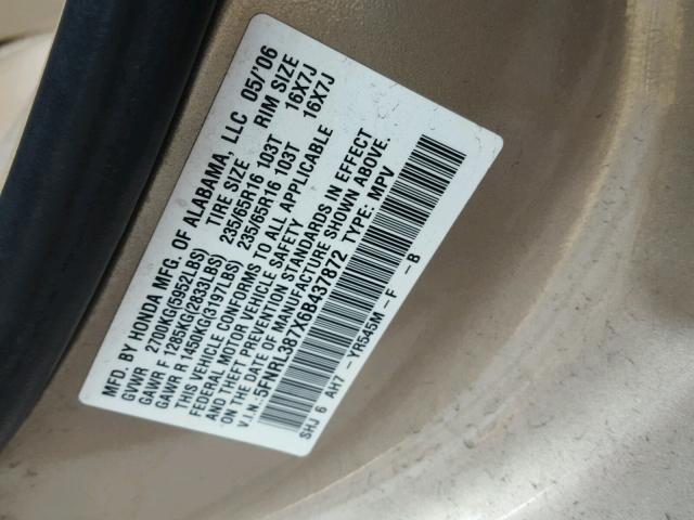 5FNRL387X6B437872 - 2006 HONDA ODYSSEY EX TAN photo 10