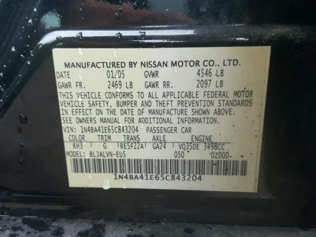 1N4BA41E65C843204 - 2005 NISSAN MAXIMA SE BLACK photo 10