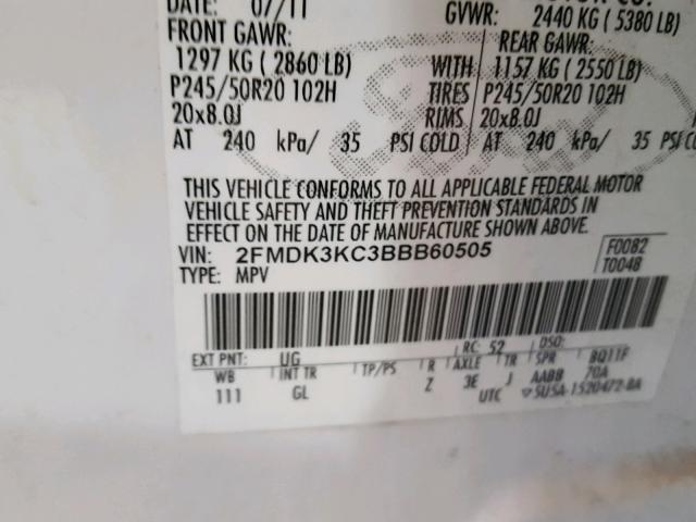 2FMDK3KC3BBB60505 - 2011 FORD EDGE LIMIT WHITE photo 10