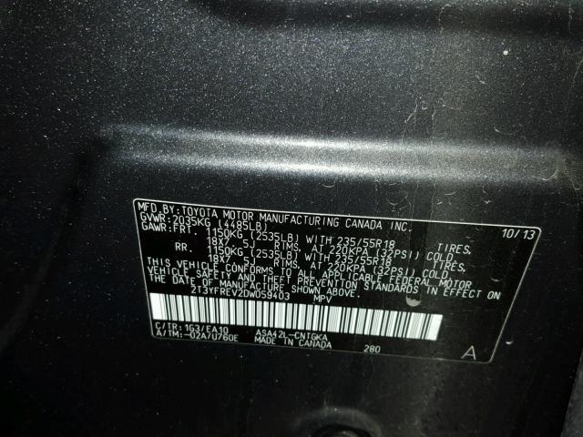 2T3YFREV2DW059403 - 2013 TOYOTA RAV4 LIMIT GRAY photo 10