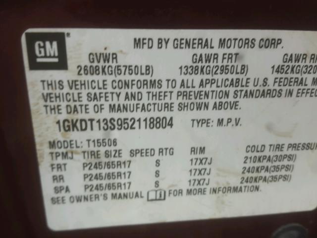 1GKDT13S952118804 - 2005 GMC ENVOY RED photo 10