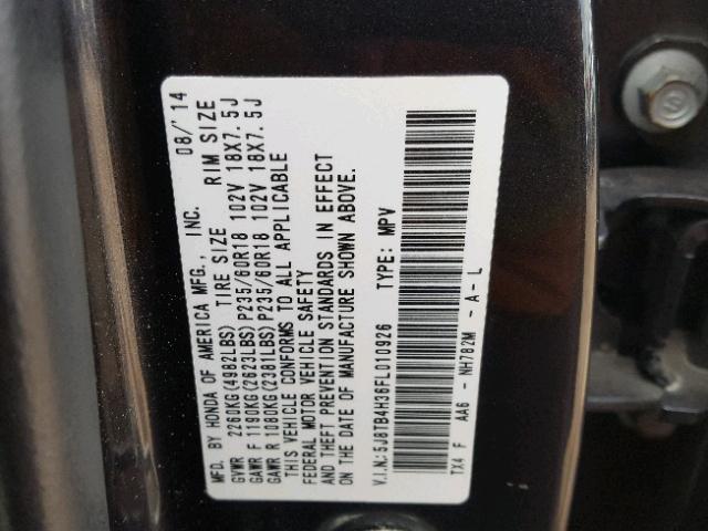 5J8TB4H36FL010926 - 2015 ACURA RDX BASE CHARCOAL photo 10