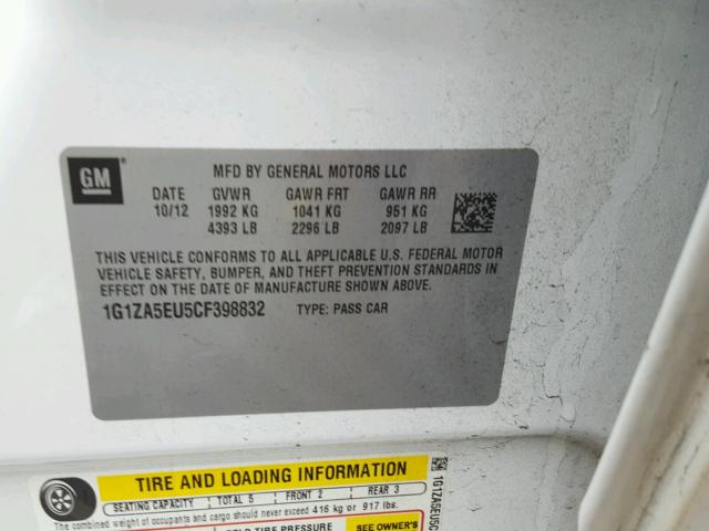 1G1ZA5EU5CF398832 - 2012 CHEVROLET MALIBU LS თეთრი ფოტო 9