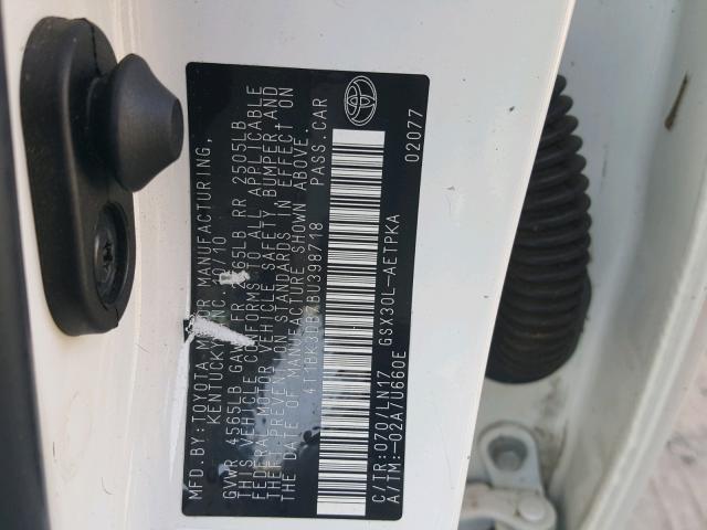 4T1BK3DB7BU398718 - 2011 TOYOTA AVALON BAS WHITE photo 10