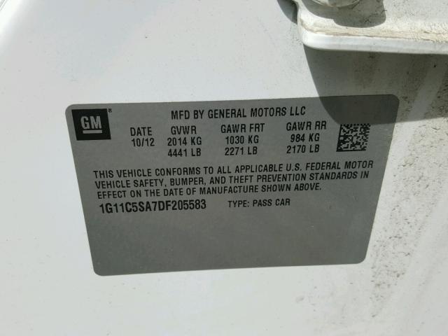 1G11C5SA7DF205583 - 2013 CHEVROLET MALIBU 1LT თეთრი ფოტო 10