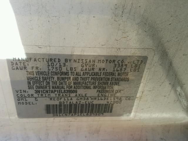 3N1CN7AP1EL839509 - 2014 NISSAN VERSA WHITE photo 10