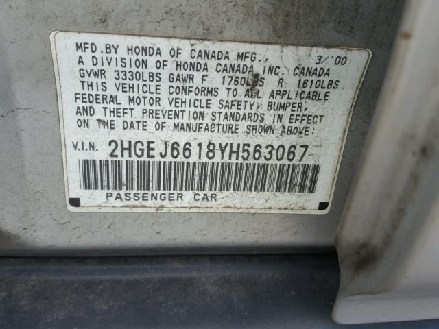 2HGEJ6618YH563067 - 2000 HONDA CIVIC BASE Gümüş foto 10