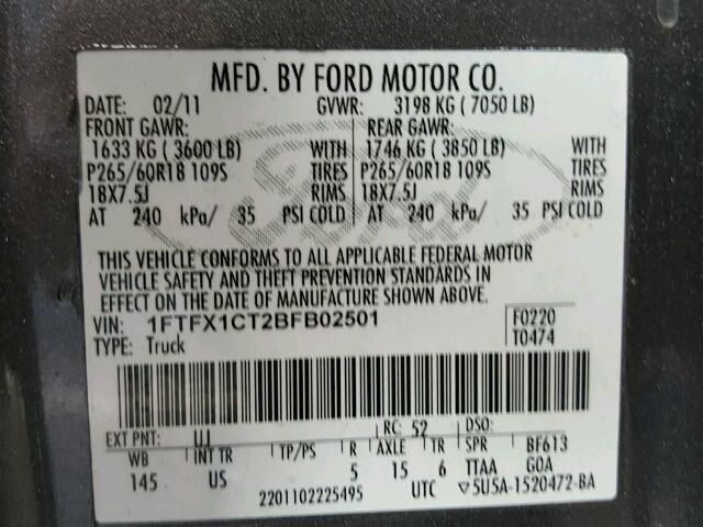 1FTFX1CT2BFB02501 - 2011 FORD F150 GRAY photo 10