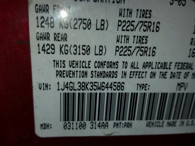 1J4GL38K35W644586 - 2005 JEEP LIBERTY RE MAROON photo 10