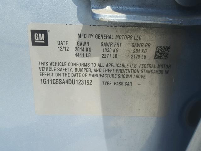 1G11C5SA4DU123192 - 2013 CHEVROLET MALIBU 1LT 蓝色 照片 10