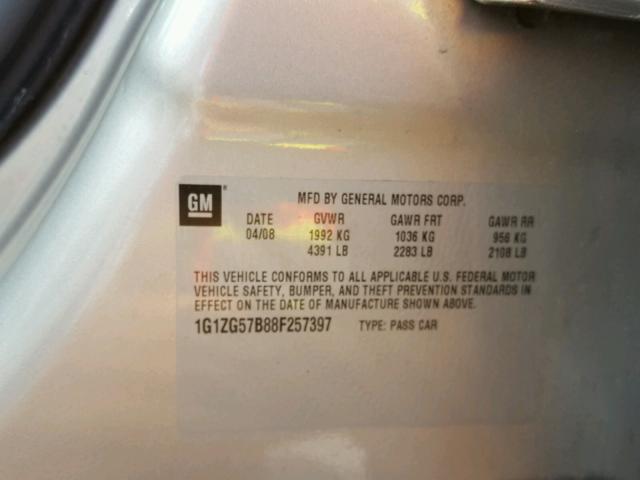 1G1ZG57B88F257397 - 2008 CHEVROLET MALIBU LS SILVER photo 10