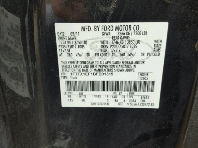 1FTFX1EF1BFB01315 - 2011 FORD F150 SUPER BLACK photo 10