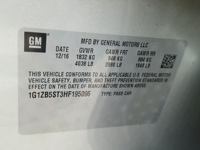 1G1ZB5ST3HF195096 - 2017 CHEVROLET MALIBU LS ვერცხლისფერი ფოტო 10