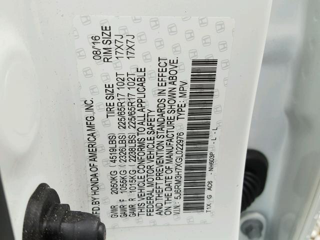 5J6RM3H7XGL022976 - 2016 HONDA CR-V EXL 白色 照片 10