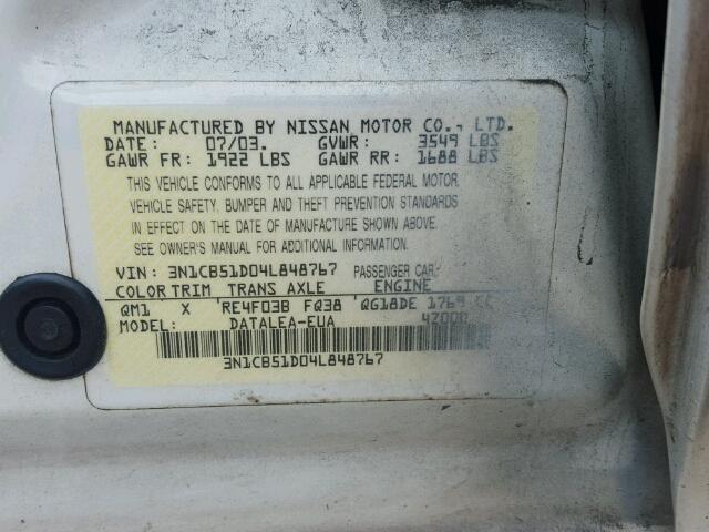 3N1CB51D04L848767 - 2004 NISSAN SENTRA 1.8 WHITE photo 10