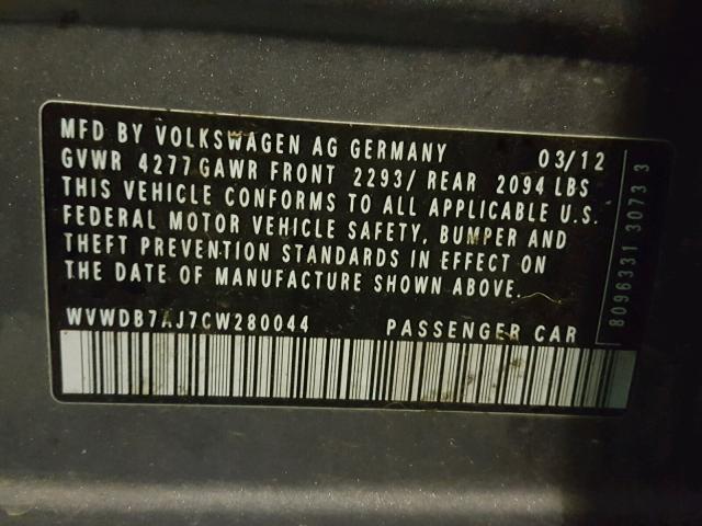WVWDB7AJ7CW280044 - 2012 VOLKSWAGEN GOLF GRAY photo 10
