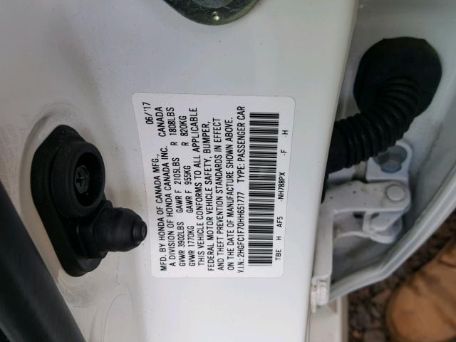 2HGFC1F70HH651777 - 2017 HONDA CIVIC EXL WHITE photo 10