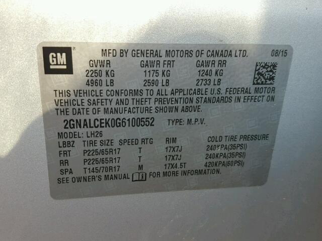 2GNALCEK0G6100552 - 2016 CHEVROLET EQUINOX LT SILVER photo 10