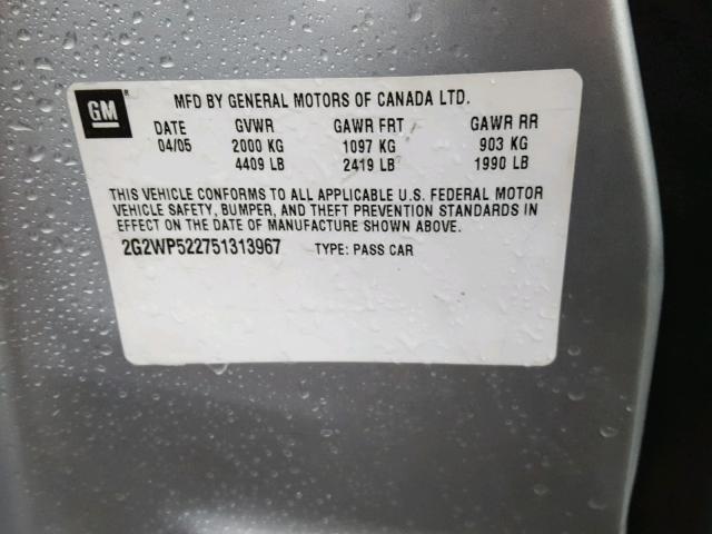 2G2WP522751313967 - 2005 PONTIAC GRAND PRIX Сріблястий фото 10