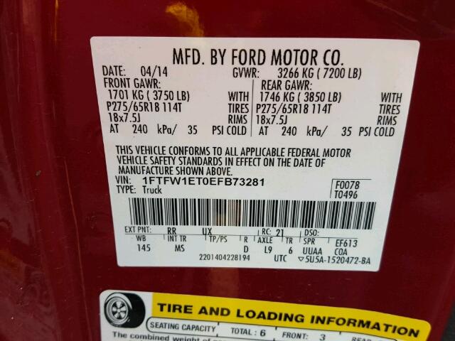 1FTFW1ET0EFB73281 - 2014 FORD F150 أحمر صورة 10