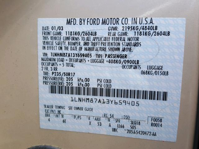 1LNHM87A13Y659405 - 2003 LINCOLN LS კრემისფერი ფოტო 10