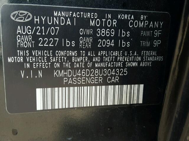 KMHDU46D28U304325 - 2008 HYUNDAI ELANTRA BLACK photo 10