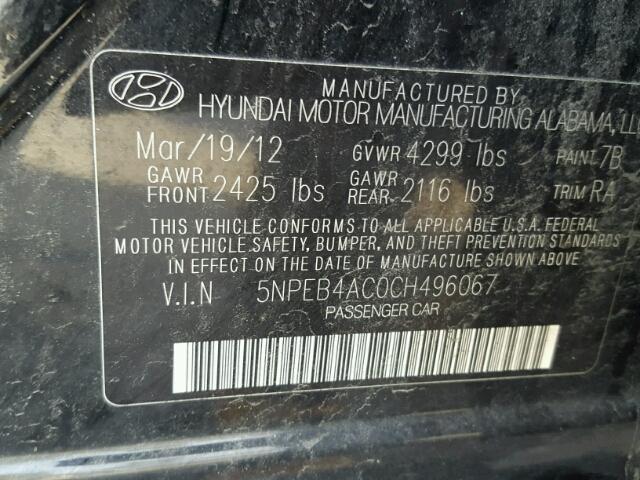 5NPEB4AC0CH496067 - 2012 HYUNDAI SONATA BLACK photo 10