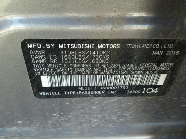 ML32F3FJ6HH001792 - 2017 MITSUBISHI MIRAGE G4 GRAY photo 10