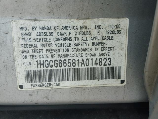 1HGCG66581A014823 - 2001 HONDA ACCORD LX SILVER photo 10