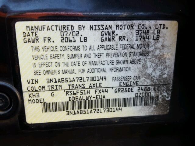 3N1AB51A72L730144 - 2002 NISSAN SENTRA SE- BLACK photo 10