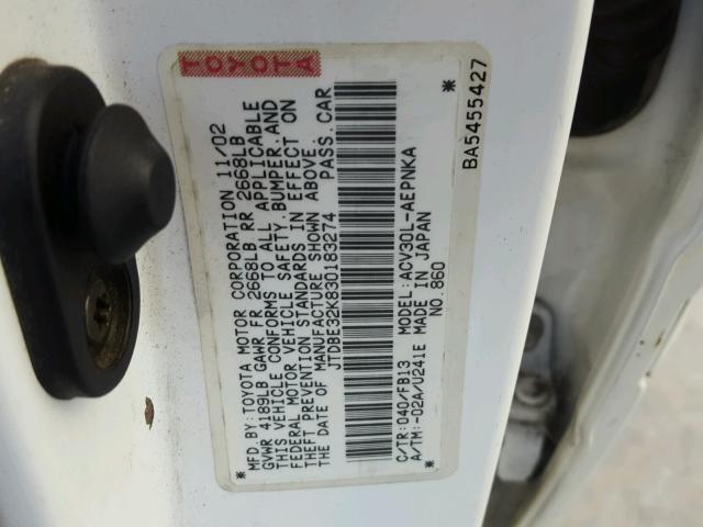 JTDBE32K830183274 - 2003 TOYOTA CAMRY WHITE photo 10