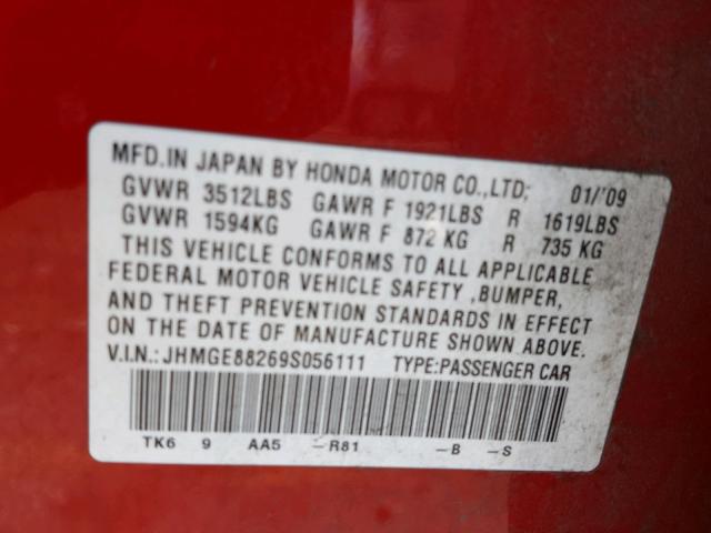 JHMGE88269S056111 - 2009 HONDA FIT RED photo 10