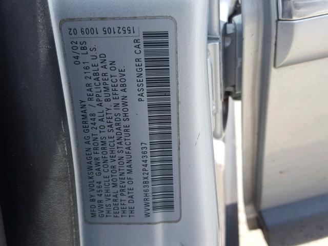WVWRH63BX2P443637 - 2002 VOLKSWAGEN PASSAT GLX SILVER photo 10