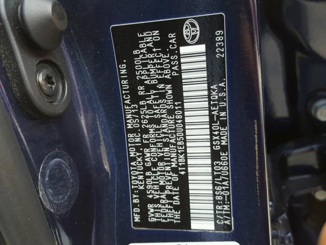 4T1BK1EB5DU048011 - 2013 TOYOTA AVALON BAS 蓝色 照片 10