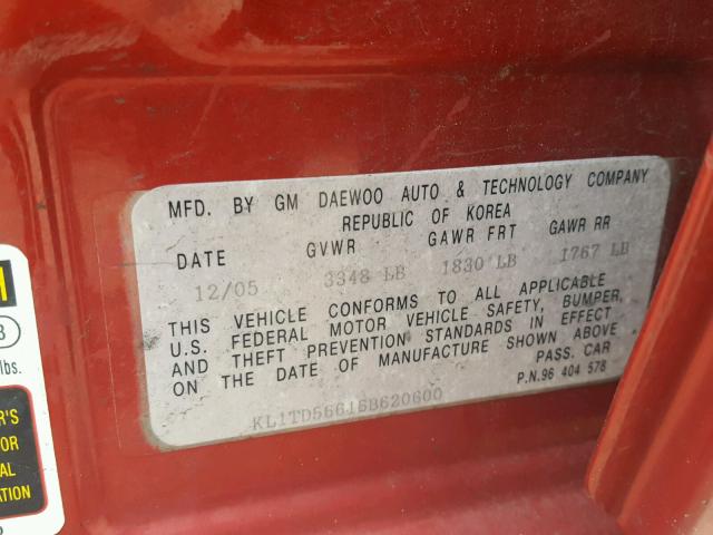 KL1TD56616B620600 - 2006 CHEVROLET AVEO BASE Қызыл фото 10