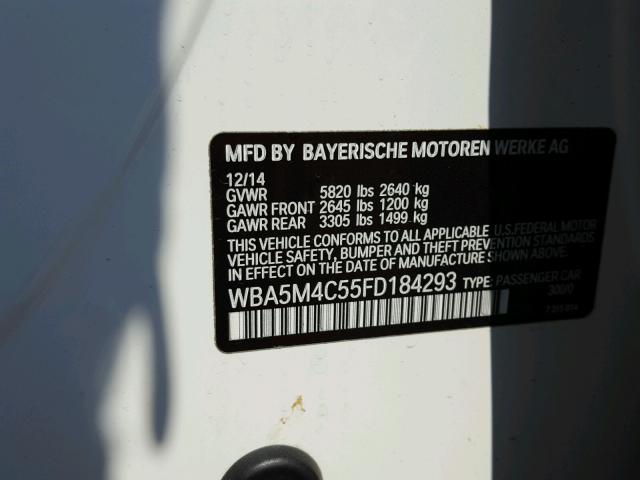 WBA5M4C55FD184293 - 2015 BMW 535 XIGT WHITE photo 10